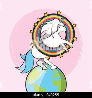 Süße Einhorn auf Erde auf rosa Hintergrund, Vector Illustration Stock Vektor