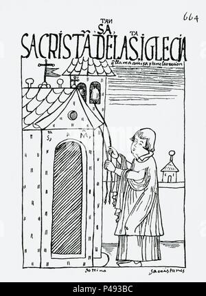 Peruanische Codex. "Nueva Cronica y Buen Regierung'. Der mesner Glocken für die Masse. 1613-1615. Madrid, National Library. Autor: Felipe Guamán Poma de Ayala (C. 1535 - C. 1617). Lage: Biblioteca Nacional - COLECCION, MADRID, SPANIEN. Stockfoto