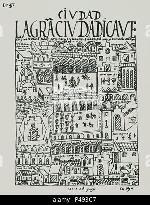 Peruanische Codex. "Nueva Cronica y Buen Regierung'. Die Stadt Cusco. Madrid, National Library. Autor: Felipe Guamán Poma de Ayala (C. 1535 - C. 1617). Lage: Biblioteca Nacional - COLECCION, MADRID, SPANIEN. Stockfoto