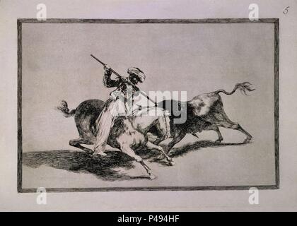 Die valiant Moor Gazul ist der erste Stiere nach Regeln, Platte 5 von "Die Kunst des Stierkampfes" - 1815/16 - 25 x 35,6 cm - Radierung, Aquatinta und Kaltnadel Speer. Autor: Francisco de Goya (1746-1828). Lage: Biblioteca Nacional - COLECCION, MADRID, SPANIEN. Auch als: TAUROMAQUIA 5-EL ANIMOSO MORO GAZUL ES EL PRIMERO QUE LANCEO DE REGLA bekannt. Stockfoto