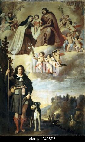 SAN JOSE Y SAN ROQUE ENTREGANDO EL NIÑO EIN SANTA TERESA DE AVILA - SIGLO XVII - BARROCO ESPAÑOL. Autor: Fray Juan del Santísimo Sacramento (C. 1611-1680). Lage: CONVENTO DE LAS CARMELITAS DESCALZAS, AGUILAR DE LA FRONTERA, CORDOBA, Spanien. Stockfoto