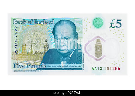 Neue fünf Pfund Hinweis, Winston Churchill, UK, Ausschneiden Stockfoto