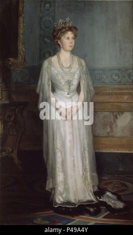 "Portrait von Victoria Eugénie von Battenberg", 1909-1911, Öl auf Leinwand, 212 x 128 cm. Autor: Luis Menéndez Pidal (1861-1932). Lage: SENADO - PINTURA, MADRID, SPANIEN. Stockfoto
