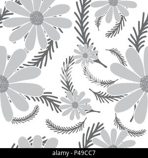 Graustufen Farbe Sommer Hintergrund mit Gänseblümchen Blumen. Florale nahtlose Muster. Monochromen Vector Illustration. Stock Vektor