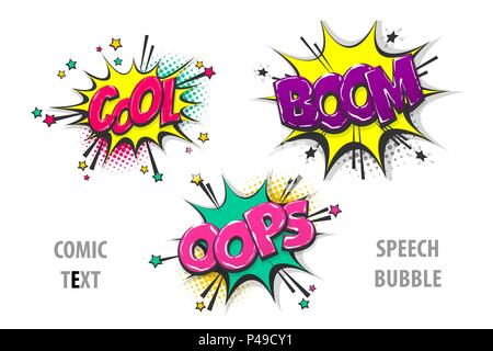 Cool Boom oops Pop Art Style set Hand gezeichnet Soundeffekte Vorlage comics Buch text Sprechblase. Rasterpunkt Hintergrund. Stock Vektor