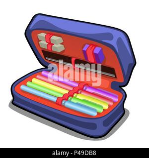 Schule Federmäppchen mit Schreibwaren auf weißem Hintergrund. Vektor cartoon Close-up Abbildung. Stock Vektor