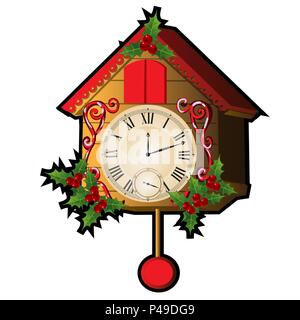 Kuckucksuhr verziert mit Blättern und Beeren Holly isoliert auf einem weißen Hintergrund. Skizze für Grußkarten, festliche Poster oder Einladungen. Die Attribute von Weihnachten und das neue Jahr. Vektor. Stock Vektor