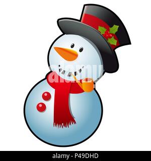 Schneemann in einem roten Schal und schwarzen Zylinder Hut auf weißem Hintergrund. Skizze für Grußkarten, festliche Poster oder Einladungen. Die Attribute von Weihnachten und das neue Jahr. Vector Illustration. Stock Vektor