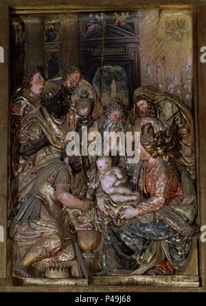 RETABLO MAYOR - DET ADORACION DE LOS REYES. Autor: Juan de Ancheta (1540-1588). Ort: Marienkirche, TAFALLA, Navarra, Spanien. Stockfoto
