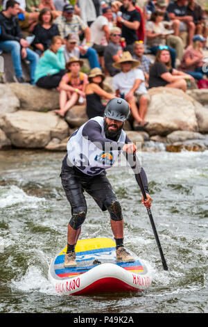 Wettbewerber Rennen im standup paddleboard Ereignis; Fibark River Festival; Arkansas River; Salida, Colorado, USA Stockfoto