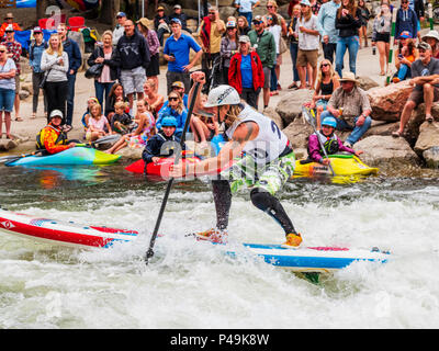 Männliche Konkurrenten Racing im standup paddleboard Ereignis; Fibark River Festival; Arkansas River; Salida, Colorado, USA Stockfoto