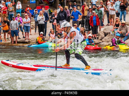 Männliche Konkurrenten Racing im standup paddleboard Ereignis; Fibark River Festival; Arkansas River; Salida, Colorado, USA Stockfoto