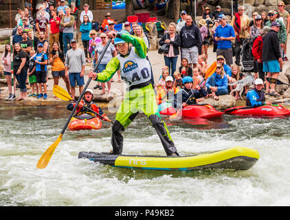 Männliche Konkurrenten Racing im standup paddleboard Ereignis; Fibark River Festival; Arkansas River; Salida, Colorado, USA Stockfoto