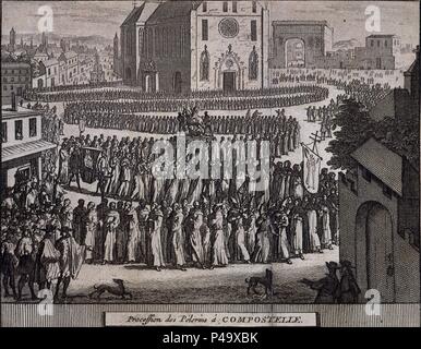 PROCESION DE PEREGRINOS A SANTIAGO, GRABADO DEL LIBRO DE VIAJES LAS DELICIAS DE ESPAÑA Y PORTUGAL, TRADUCCION PUBLICADA EN LEIDEN EN 1707. Thema: ALVAREZ DE COLMENAR JUAN. Stockfoto