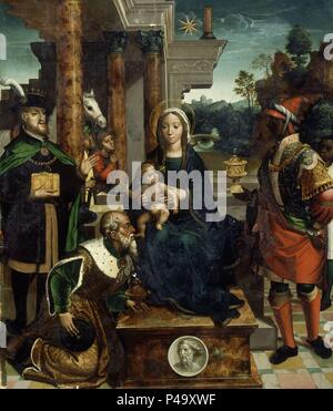 ADORACION DE LOS MAGOS. Autor: Juan Correa de Vivar (C. 1510-1566). Lage: Iglesia de la Asunción, Meco, MADRID, SPANIEN. Stockfoto