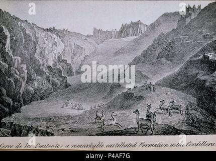 VIAJES POR CHILE Y LA PLATA - CERRO DE LOS PENITENTES - REBAÑO DE LAMAS PASTANDO EN LA CORDILLERA DE LOS ANDES - GRABADO SIGLO XIX. Autor: MIERS JOHN. Ort: ACADEMIA DE LA HISTORIA - COLECCION, MADRID, SPANIEN. Stockfoto