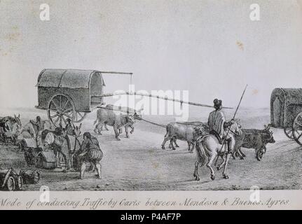 VIAJES POR CHILE Y LA PLATA - MODO DE CONDUCIR EL TRAFICO DE CARROS DE MENDOZA EIN BUENOS AIRES - GRABADO SIGLO XIX. Autor: MIERS JOHN. Ort: ACADEMIA DE LA HISTORIA - COLECCION, MADRID, SPANIEN. Stockfoto