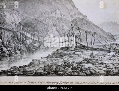 VIAJES POR CHILE Y LA PLATA - PUENTE COLGANTE SOBRE EL RIO CIMBRIA - GRABADO SIGLO XIX. Autor: MIERS JOHN. Ort: ACADEMIA DE LA HISTORIA - COLECCION, MADRID, SPANIEN. Stockfoto