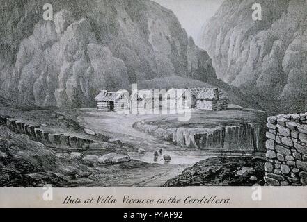 VIAJES POR CHILE Y LA PLATA - CHOZAS DE VILLAVICENCIO EN LA CORDILLERA - GRABADO SIGLO XIX. Autor: MIERS JOHN. Ort: ACADEMIA DE LA HISTORIA - COLECCION, MADRID, SPANIEN. Stockfoto