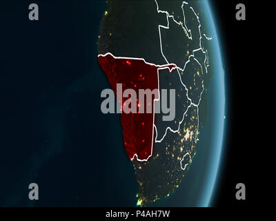 Karte von Namibia in Rot vom Platz auf dem Planeten Erde bei Nacht mit weißen Grenzen und die Lichter der Stadt gesehen. 3D-Darstellung. Elemente dieses Bild furn Stockfoto