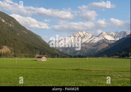 Grüne Wiese mit einem lonly Scheune und im Hintergrund die Berge mit Schnee und ein blauer Himmel mit einigen Wolken, Bild aus dem kleinen Dorf Heiterweng Stockfoto