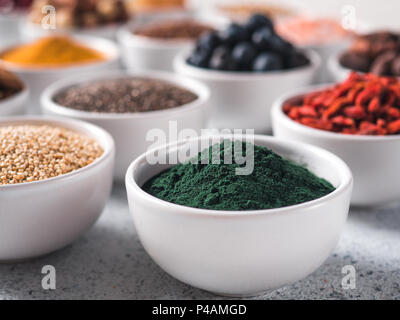 Spirulina Pulver in kleinen weißen Schale und andere superfoods für den Hintergrund. Selektive konzentrieren. Verschiedene superfoods Zutaten. Konzept und Grafik für superfood und entgiftende Lebensmittel Stockfoto