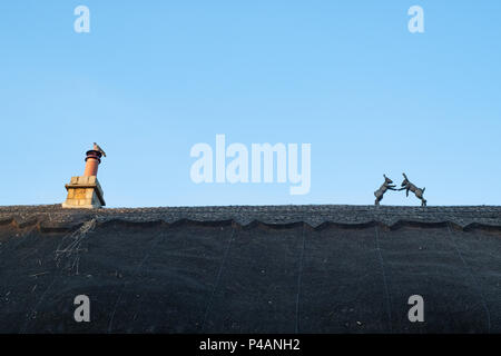 Reetdachhaus mit Kamin und Boxing Hasen in Ebrington, Chipping Campden, Gloucestershire, England Stockfoto
