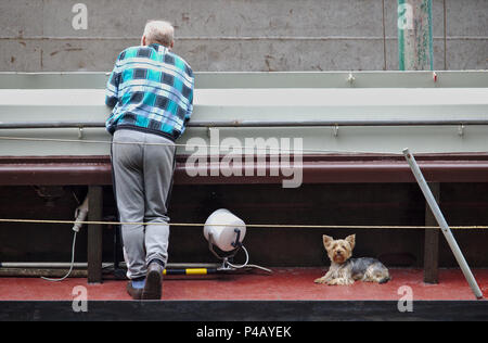 Bremen, Deutschland - Juni 19., 2018 - der alte Mann in kariertem Hemd lehnte sich auf einem Geländer mit dem Rücken zur Kamera mit seinen kleinen Hund zu seinen Füßen. Stockfoto