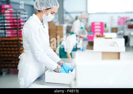 Süßwarenfabrik Mitarbeiter setzen Pergament in Box Stockfoto