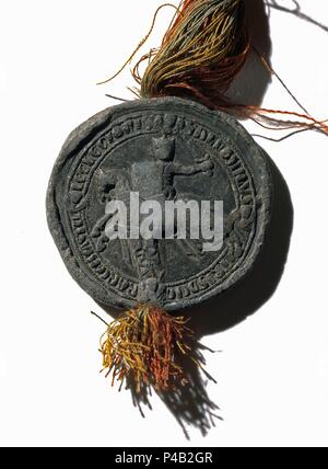 SELLO DE PLOMO DE ALFONSO XI EL JUSTICIERO - REY DE CASTILLA Y LEON - SIGLO XIV. Lage: ARCHIVO HISTORICO NACIONAL - COLECCION, MADRID, SPANIEN. Stockfoto