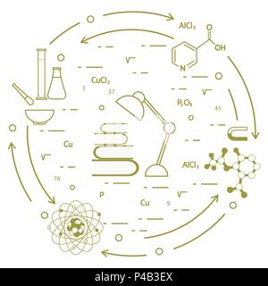 Wissenschaft, Bildung Elemente. Tischleuchte, Bücher, Flasche, Becher, Mörser, Mörser, Kristallgitter, Molekül, Magnet, Atomkern. Stock Vektor