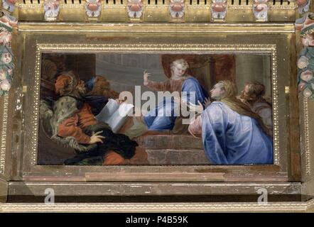 RETABLO DE SAN PEDRO - 1655 - JESUS CON LOS DOCTORES. Autor: Francisco Rizi (1614-1685). Ort: ST. PETER'S KIRCHE, FUENTE EL SAZ, MADRID, Spanien. Stockfoto