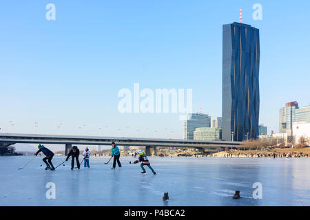 Wien, Neue Donau, gefroren, Donaucity, DC Tower, Reichsbrücke, Eisläufer, Eis, Eis, 22. Donaustadt, Wien, Österreich Stockfoto