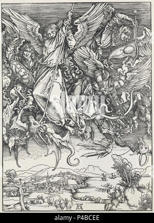 12. Albrecht Dürer, Apokalypsa, X. Sv. Michael bojující s drakem, Národní galerie v Praze. Stockfoto