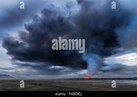 Vulkanische Federn mit giftigen Gasen, Holuhraun Riss Eruption, Island. August 29, 2014 ein Riss Eruption in Holuhraun am nördlichen Ende der Magma Intrusion, welche nach Norden verschoben hatte, von der Bardarbunga Vulkan gestartet. Ist ein stratovulkan Bardarbunga unter dem Vatnajökull, Islands größten Gletscher entfernt. Stockfoto