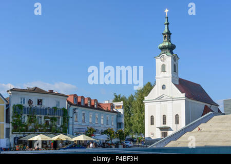 Linz, Schritte im Ars Electronica Center, Kirche Urfahr, Restaurant, Donau, Oberösterreich, Oberösterreich, Österreich Stockfoto