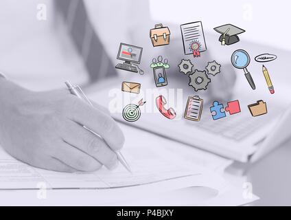 Aus Bild der Arbeit Abbildungen auf Mann schreiben Hintergrund Stockfoto