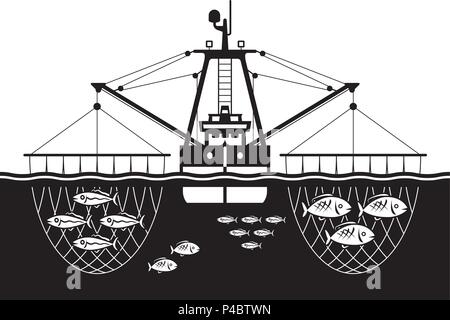 Trawler Schiff fangen Fische im Meer - Vector Illustration Stock Vektor