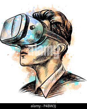 Mann trägt virtual-Reality-Kopfhörer Stock Vektor