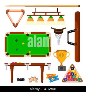 Snooker Icons Set Vektor. Snooker, Billard Zubehör. Kugeln, Cue, Grün, Tisch, Lampe. Isolierte flache Cartoon Illustration Stock Vektor