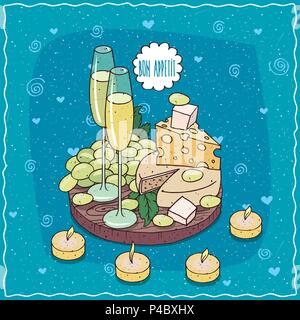 Romantischen Komposition auf Holzbrett, Gläser Champagner oder Apfelwein, Bündel aus weißen Trauben und Käse auf dem Teller. Um die Kerzen. Hand comic s erstellt Stock Vektor