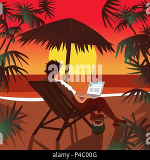 Junger Mann Arbeiten am Laptop oder Notebook, sitzt im Liegestuhl am tropischen Strand bei Sonnenuntergang. Bildschirm leuchtet. Freiberufliche Konzept. Vereinfachende rea Stock Vektor