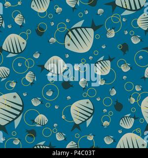 Nahtlose Natur Muster mit niedlichen Fische in blauer Farbe. Lustige Meeresbewohner Hintergrund mit Tier in chaotischer Weise. Cartoon Hand zeichnen Stil Stock Vektor