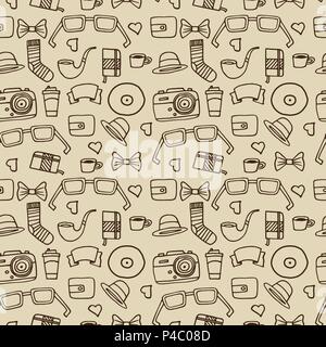 Nahtlose Hipster Muster in beige Farbe mit Retro und Vintage Symbole. Moderne modischen Hintergrund mit einem braunen Strich. Cartoon Hand zeichnen Stil Stock Vektor