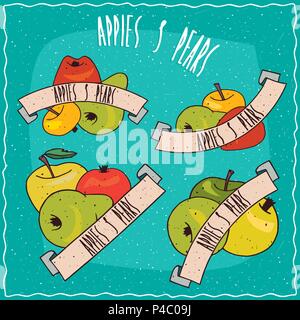 Set aus bunten clip art Gruppen von Obst, wie Äpfel und Birnen in verschiedenen Größen, Formen und Farben, mit Bändern und Schriftzug. Hand in c gezeichnet Stock Vektor