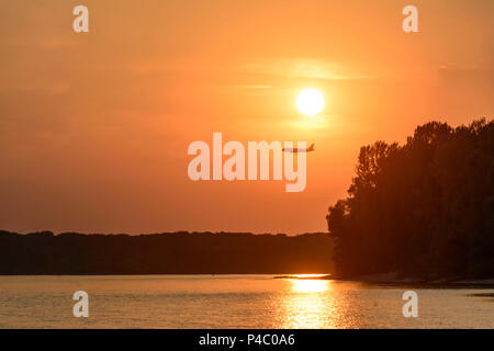 Nationalpark Donauauen Danube-Auen National Park, Flugzeug Flugzeug über Donau bei der Landung auf dem Flughafen Wien, der Donau, Lower Austria, Austria Stockfoto