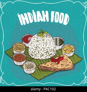 Traditionelles Essen, Teller der indischen Küche, serviert mit Reis Gewürze Soßen wie Chutney und Stücke von Fladenbrot, über Banana leaf Platte. Seite dr Stock Vektor