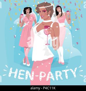 Drei attraktive junge Mädchen in rosa Brautkleider herzlich willkommen. Einladung zur Party oder Bachelorette Party Konzept Henne. Vereinfachende realistische Cartoon Art Stock Vektor