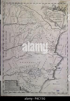 MAPA DE LAS REGIONES, Rios, MONTES PROMONTORIOS Y PUEBLOS DE LA PROVINCIA ANTIGUA CARTHAGINENSE - SIGLO XIX. Lage: SERVICIO GEOGRAFICO DEL EJERCITO, MADRID, SPANIEN. Stockfoto