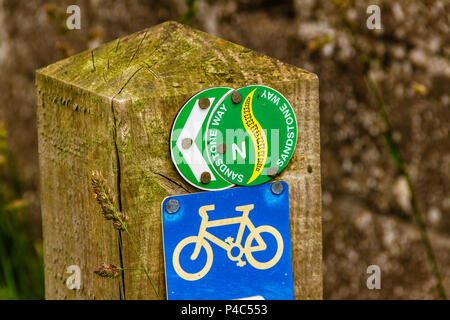 Radfahren Zeichen auf einem hölzernen Pfosten für den Sandstein, eine 120 Kilometer lange Strecke Mountainbike Route in Northumberland, Großbritannien. Sommer 2018. Stockfoto